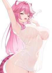1girl animal_ears armpits blush breasts covered_erect_nipples covered_navel hair_intakes highres hololive hololive_english kei_(keiillustrator) large_breasts long_hair multicolored_hair one_eye_closed open_mouth panther_ears panther_girl panther_tail pink_hair raora_panthera see-through_clothes see-through_shirt see-through_silhouette shirt short_sleeves simple_background solo streaked_hair stretching tail thighs twitter_username two-tone_hair virtual_youtuber white_background white_hair white_shirt yellow_eyes