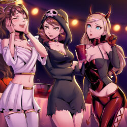 3girls angel_wings bare_shoulders black_dress black_lips black_nails blonde_hair blue_eyes blurry blurry_background blush bracelet breasts brown_eyes brown_hair choker cleavage collarbone cowboy_shot cup demon_horns dress earrings fake_halo fake_wings female_focus flipped_hair gloves groin hair_behind_ear halloween halloween_costume halo hands_on_own_head heart heart_choker highres holding holding_cup hooded_dress horns in-franchise_crossover jewelry kujikawa_rise leather leather_pants long_hair long_sleeves looking_at_another looking_to_the_side medium_breasts midriff multiple_girls nail_polish navel omniformblue open_mouth pants persona persona_3 persona_4 persona_5 red_gloves red_pants short_dress short_hair skirt skull_ornament stud_earrings swept_bangs takamaki_anne takeba_yukari torn_clothes trait_connection twintails white_skirt wings