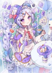 1girl :3 animal_ear_fluff animal_ears artist_name blush braid braided_ponytail cake cake_slice cat cat_ears cat_girl center_frills closed_mouth collared_dress commentary cup dessert dress feet_out_of_frame food fork frilled_dress frilled_shirt_collar frills highres holding holding_cup long_hair long_sleeves looking_at_viewer macaron necktie original parted_bangs plate purple_eyes purple_hair red_necktie sitting smile solo symbol-only_commentary table tea teacup tsukumi_bis twitter_username white_dress wide_sleeves
