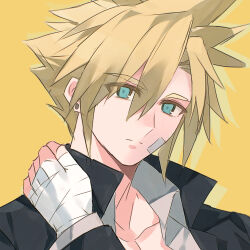 Rule 34 | 1boy, bandage on face, bandaged hand, bandages, black jacket, blonde hair, blue eyes, cloud strife, cloud strife (midgard seventh high school), collarbone, drop shadow, earrings, expressionless, final fantasy, final fantasy vii, final fantasy vii ever crisis, gakuran, hashtag-only commentary, highres, jacket, jewelry, looking at viewer, male focus, school uniform, shirt, short hair, simple background, solo, spiked hair, stud earrings, upper body, white shirt, yebuyeye, yellow background