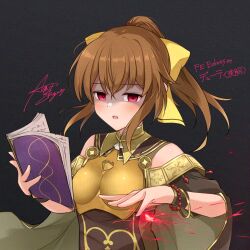1girl ameno_sagiri_(artist) armor book bow breastplate brown_hair cape dark_persona delthea_(fire_emblem) fire_emblem fire_emblem_echoes:_shadows_of_valentia hair_between_eyes hair_bow holding holding_book long_hair looking_at_viewer magic mind_control nintendo open_book ponytail red_eyes signature solo upper_body yellow_bow