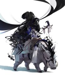 1girl absurdres animal bell black_fire boar dark-skinned_female dark_skin fire flame-tipped_tail highres holding holding_staff mask mask_on_head mouth_veil ofuda original oversized_animal riding riding_animal staff tagme talisman veil wawa white_background white_hair