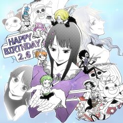 3girls 6+boys afro antlers ascot blonde_hair blue_background blue_hair blunt_bangs boat box chiromemof commentary_request cross curly_eyebrows dated dress flower franky_(one_piece) gift gift_box going_merry green_hair hair_over_one_eye happy_birthday haramaki hat heart heart-shaped_pupils highres holding holding_flower holding_instrument holding_violin horns instrument jolly_roger long_nose long_sleeves medium_hair monkey_d._luffy mother_and_daughter multiple_boys multiple_girls nami_(one_piece) nico_olvia nico_robin on_head on_shoulder one_eye_closed one_piece orange_hair petals pink_hat pink_petals pompadour ponytail purple_dress reindeer_antlers roronoa_zoro sanji_(one_piece) simple_background skeleton smile straw_hat_pirates straw_hats_jolly_roger symbol-shaped_pupils thousand_sunny tony_tony_chopper usopp violin watercraft