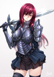 1girl adsouto alternate_eye_color arm_behind_back armor black_thighhighs breastplate breasts cowboy_shot erza_scarlet fairy_tail frills gauntlets highres holding holding_sword holding_weapon large_breasts long_hair looking_at_viewer miniskirt parted_lips red_hair shoulder_armor simple_background skirt solo sword thighhighs thighs variant_set very_long_hair weapon yellow_eyes zettai_ryouiki