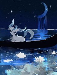 boat brown_eyes commentary_request creatures_(company) crescent flower game_freak gen_4_pokemon grass leafeon looking_at_viewer lying moon night nintendo no_humans pokemon pokemon_(creature) raidayo_39 solo water watercraft