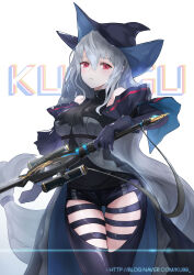 1girl absurdres arknights bare_shoulders belt black_belt black_gloves black_pants black_shirt black_sleeves claymore_(sword) clothing_cutout eyebrows_hidden_by_hair gloves grey_hair hair_between_eyes hat highres ku99_(kugugu) long_hair looking_at_viewer low-tied_long_hair pants parted_lips red_eyes shirt skadi_(arknights) thigh_cutout watermark web_address white_background