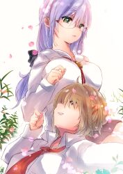 2girls absurdres blonde_hair dometan0_0 glasses green_eyes grey_hair hair_ornament hair_over_one_eye hair_over_shoulder hairclip heaven_burns_red highres izumi_yuki_(heaven_burns_red) kayamori_ruka lap_pillow long_hair long_sleeves low-tied_long_hair multiple_girls red_eyes round_eyewear shirt short_hair white_background white_shirt yuri
