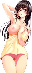 1girl :o areola_slip arm_behind_head arm_up armpits bare_shoulders between_breasts black_hair blush breasts brown_eyes collarbone completely_nude covered_erect_nipples cowboy_shot female_focus hair_flip highres kotegawa_yui large_breasts long_hair naked_towel nipples nude official_art open_mouth orange_eyes pussy solo steam thighs to_love-ru topless_female towel uncensored yabuki_kentarou