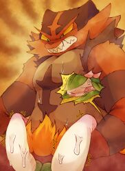 1boy 1girl animal_ears animal_nose black_fur blush body_fur cat_boy cat_ears clenched_teeth colored_sclera colored_skin constricted_pupils fire furry furry_male gen_7_pokemon gredtrain green_eyes green_hair green_skin grey_fur half-closed_eye highres hisuian_lilligant incineroar leaf legs_up looking_down monster_girl multicolored_fur multicolored_skin nintendo nose_blush one_eye_closed orange_background pain pink_sclera plant_girl pokemon pokemon_(creature) raised_eyebrows red_fur restrained sharp_teeth snout steam steaming_body striped_fur sweat tears teeth thighs trembling white_eyes white_skin wince wrestling yellow_sclera