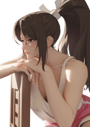 1girl absurdres alternate_costume bare_arms bare_shoulders breasts brown_eyes brown_hair casual cleavage commentary_request curtained_hair curvy dolphin_shorts eyelashes fatal_fury high_ponytail highres large_breasts leaning_on_object long_hair motoyui official_alternate_costume parted_bangs ponytail resting_head_on_hand shiranui_mai shirt short_shorts shorts simple_background sitting solo street_fighter street_fighter_6 tank_top the_king_of_fighters toned toned_female white_shirt white_tank_top wide_hips