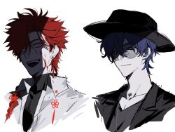 2boys black_hat black_jacket black_shirt blood blood_on_clothes blood_on_face braid braided_ponytail chinese_commentary chinese_knot closed_mouth collared_shirt cropped_shoulders earrings face_in_shadow fangs glasses hair_between_eyes hat huachajiangqwq jacket jewelry liu_xiao long_hair looking_at_viewer male_focus multiple_boys necklace open_mouth portrait purple_eyes purple_hair red_eyes red_hair shade shiguang_dailiren shirt short_hair simple_background single_braid sketch smile sunglasses tassel tassel_earrings teeth turtleneck upper_body white_background white_shirt xiao_weiying