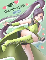 1girl arm_guards asymmetrical_bangs bike_shorts black_gloves black_shorts black_tank_top boots breasts bustier clenched_hand commentary_request dated dragon_quest dragon_quest_xi fingerless_gloves floating_clothes floating_hair gloves green_background green_boots green_bustier heart high_heel_boots high_heels high_ponytail kicking large_breasts looking_to_the_side martina_(dq11) momo_usagi o-ring o-ring_top ponytail ponytail_day purple_eyes purple_hair shorts signature smile solo tank_top translation_request