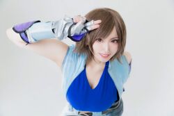 1girl breasts brown_hair cleavage cosplay cosplay_photo elbow_gloves elle_piyo female_focus gloves highres jacket kazama_asuka kazama_asuka_(cosplay) large_breasts looking_at_viewer namco photo_(medium) real_life sleeveless sleeveless_jacket smile solo teeth tekken