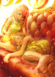 Rule 34 | artificial eye, blonde hair, couch, cz2128 delta, dog man cat, dress, drooling, eyepatch, frilled dress, frills, green eyes, hand on another&#039;s head, highres, lap pillow, long hair, lying, mechanical eye, morning, mouth drool, neia baraja, on couch, on side, open mouth, overlord (maruyama), pink hair, short hair, sitting, sleeping, sticker, very long hair, wariza, yellow dress