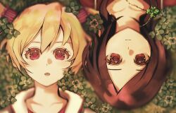 2girls black_hair blonde_hair closed_mouth clover collared_jacket expressionless eyelashes four-leaf_clover four-leaf_clover_necklace fresh_precure! frilled_hair_tubes frills hair_between_eyes hair_tubes higashi_setsuna highres jacket light_blush long_hair looking_at_viewer lying mer_(zo_no_00) momozono_love multiple_girls on_back on_ground open_mouth outdoors pink_eyes pink_shirt precure red_eyes red_shirt shade shirt straight-on sunset tareme twintails upper_body upside-down white_jacket