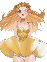 Rule 34 | 1girl, absurdres, blue eyes, breasts, clothes lift, dress, dress lift, highres, himagin20180321, interface headset (evangelion), long hair, medium breasts, neon genesis evangelion, orange hair, panties, pantyshot, simple background, solo, souryuu asuka langley, thigh gap, underwear, white background, white panties, wind, wind lift, yellow dress