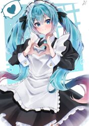 1girl alternate_costume alternate_hairstyle apron aqua_eyes aqua_hair aqua_necktie black_dress blush closed_mouth dress four-finger_heart_hands frilled_apron frilled_dress frilled_hairband frills hair_between_eyes hair_ornament hairband hairclip hatsune_miku heart heart_hands highres jhmv3547 long_hair long_sleeves looking_at_viewer maid maid_apron maid_headdress necktie parallel_hairclips puffy_long_sleeves puffy_sleeves smile solo speech_bubble spoken_heart twintails very_long_hair vocaloid white_apron