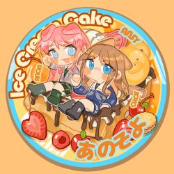 2girls absurdres animal_ears bang_dream! bang_dream!_it&#039;s_mygo!!!!! black_socks blue_eyes blue_shirt blue_skirt blush cang_(akaga204) cherry chibi chibi_only chihaya_anon chinese_commentary commentary_request cookie dog_ears dog_girl fang food fruit green_necktie green_skirt green_socks grey_jacket haneoka_school_uniform highres holding_hands jacket kemonomimi_mode kneehighs long_hair looking_at_viewer multiple_girls nagasaki_soyo necktie no_mouth open_mouth pink_hair plaid_clothes plaid_skirt pleated_skirt school_uniform shirt sidelocks sitting skin_fang skirt socks strawberry tsukinomori_school_uniform