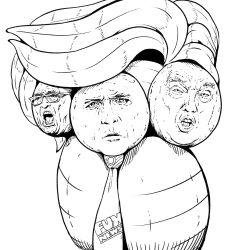 brand_name_imitation character_request closed_mouth clothes_writing creatures_(company) donald_trump english_text exeggutor fox_news furrowed_brow game_freak gen_1_pokemon glasses greyscale highres lineart looking_at_viewer monochrome multiple_heads necktie nintendo no_humans open_mouth parted_lips pokemon pokemon_(creature) profanity real_life short_hair shouting simple_background standing swept_bangs teeth tongue tucker_carlson upper_body what white_background zen_migawa