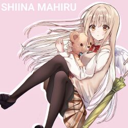 1girl :t angel_wings black_pantyhose blonde_hair brown_eyes brown_sweater_vest brown_vest character_name collared_shirt commentary_request floating_hair highres holding_teddy_bear long_hair looking_at_viewer otonari_no_tenshi-sama_ni_itsu_no_mani_ka_dame_ningen_ni_sarete_ita_ken pantyhose plaid_clothes plaid_skirt pleated_skirt pout saint_laurent_paris school_uniform shiina_mahiru_(otonari_no_tenshi-sama) shirt skirt stuffed_animal stuffed_toy sweater_vest teddy_bear umbrella vest white_shirt wings