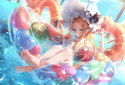 1girl abigail_williams_(fate) abigail_williams_(swimsuit_foreigner)_(fate) abigail_williams_(swimsuit_foreigner)_(third_ascension)_(fate) absurdres ball bare_shoulders beachball bikini black_cat blonde_hair blue_eyes blush bonnet breasts cat fate/grand_order fate_(series) food forehead fruit hair_flowing_over highres innertube long_hair looking_at_viewer norimori parted_bangs small_breasts smile solo swim_ring swimsuit water watermelon white_bikini white_bonnet