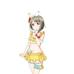1girl aqua_nails asymmetrical_hair bikini bikini_skirt blush bow bracelet brown_hair closed_mouth cowboy_shot flower flower_bracelet frilled_bikini frilled_thigh_strap frills hair_flower hair_ornament hair_ribbon hand_up heart heart_tattoo jewelry looking_at_viewer love_live! love_live!_nijigasaki_high_school_idol_club love_live!_school_idol_festival nakasu_kasumi navel official_art orange_flower pink_eyes red_flower ribbon short_hair smile solo stomach_tattoo striped_bow swimsuit tattoo thigh_strap third-party_source transparent_background x_hair_ornament yellow_bikini yellow_flower