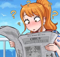 1girl ? afrobull bird blush nami_(one_piece) newspaper ocean one_piece orange_eyes reading sky solo