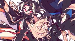 Rule 34 | 2boys, animal ears, arknights, black coat, black pants, blonde hair, blue shirt, brown hair, chongyue (arknights), coat, commentary, dragon horns, frown, gauntlets, horns, horse boy, horse ears, horse tail, long hair, looking at viewer, male focus, mlynar (arknights), multicolored hair, multiple boys, necktie, open mouth, pants, pointy ears, red eyes, shirt, short hair, simple background, smile, streaked hair, symbol-only commentary, tail, upside-down, white background, white hair, white necktie, white pants, yellow eyes, ym dpl