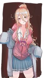 1girl :o blazer blonde_hair blue_skirt blush border bow bowtie breasts brown_background cardigan cleavage collarbone collared_shirt commentary_request gradient_background hair_between_eyes hair_ornament hair_scrunchie harutia_y high_ponytail highres jacket large_breasts long_hair long_hair_between_eyes long_sleeves looking_at_viewer make_heroine_ga_oo_sugiru! outside_border pink_bow pink_bowtie pink_cardigan pink_scrunchie pleated_skirt ponytail purple_bow purple_bowtie scrunchie shikiya_yumeko shirt skirt sleeves_past_fingers sleeves_past_wrists solo standing white_border white_jacket white_shirt winter_uniform