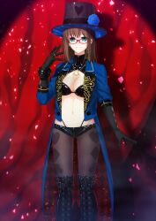 1girl aotsuki_takao aqua_eyes argyle_clothes arm_at_side black_boots black_bra black_collar black_gloves black_hat black_shorts blue_coat blue_flower boots bra bracelet braid braided_sidelock breasts brown_hair buttons charlotte_corday_(fate) charlotte_corday_(swimsuit_caster)_(fate) charlotte_corday_(swimsuit_caster)_(third_ascension)_(fate) cleavage cleavage_cutout closed_mouth clothing_cutout club_(shape) coat collar colored_lapels diamond_(shape) fate/grand_order fate_(series) feet_out_of_frame fishnet_pantyhose fishnets flower game_cg glasses gloves gluteal_fold hand_up hat hat_flower heart high_collar highleg highleg_panties jewelry lace-up_boots lapels large_breasts latex latex_shorts looking_at_viewer medium_hair micro_shorts navel notched_lapels official_art open_clothes open_coat panties panty_straps pantyhose pendant red-framed_eyewear red_background ring shorts sidelocks single_braid smile solo standing stomach tailcoat thigh_boots third-party_source three-quarter_sleeves top_hat two-sided_tailcoat underwear variant_set