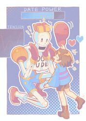 Rule 34 | !, !!, +++, 1boy, 1other, ^ ^, absurdres, alternate costume, baseball cap, blue background, blue shorts, blue sweater, bone, border, box, brown eyes, brown hair, brown shorts, closed eyes, frisk (undertale), full body, gift, gift box, gloves, hat, heart, highres, holding, holding unworn clothes, holding unworn hat, kiriyume, object on head, on one knee, open mouth, outline, outside border, papyrus (undertale), pixel heart, progress bar, red gloves, red hat, red shoes, shirt, shoes, short hair, shorts, skeleton, smile, sparkle, sweater, undertale, unworn hat, unworn headwear, white border, white outline, white shirt