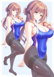 absurdres black_pantyhose blue_background blue_one-piece_swimsuit breasts brown_hair closed_mouth commentary_request competition_swimsuit covered_navel full_body gakuen_idolmaster hair_bun highleg highres himesaki_rinami idolmaster large_breasts long_hair looking_at_viewer one-piece_swimsuit pantyhose pantyhose_under_swimsuit purple_eyes simple_background smile swimsuit toes tong_shui zoom_layer