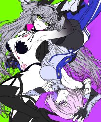 2girls armpits bare_shoulders black_hands black_panties black_thighhighs body_markings breasts choker cleavage colored_extremities crossed_bangs demon_girl demon_horns demon_wings ear_piercing fate/grand_order fate_(series) green_eyes grey_hair hair_between_eyes hair_over_one_eye highres horns large_breasts lilith_(fate) lilith_(second_ascension)_(fate) long_hair looking_at_viewer mash_kyrielight mash_kyrielight_(paladin) medium_breasts multiple_girls navel panties piercing pink_hair pointy_ears purple_eyes satou_nui short_hair spoilers spot_color stomach_tattoo tattoo thighhighs thighs twintails underwear very_long_hair wings