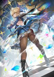 1girl ahoge artoria_pendragon_(fate) ass back black_boots blonde_hair blue_dress blue_ribbon boots braid breasts brown_pantyhose crown dress excalibur_(fate/stay_night) fate_(series) fur_trim gauntlets green_eyes hair_bun hair_ribbon high_heel_boots high_heels highres honkai:_star_rail honkai_(series) juliet_sleeves knee_boots large_breasts long_hair long_sleeves looking_at_viewer looking_back pantyhose puffy_sleeves ribbon saber_(fate) sidelocks solo sword teddypocky weapon