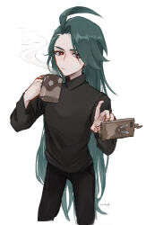 Rule 34 | 1girl, absurdres, ahoge, alternate hairstyle, black pants, black shirt, by free mind, cellphone, commentary request, cup, gen 4 pokemon, green hair, hair down, highres, holding, holding cup, mug, nintendo, pants, phone, pokemon, pokemon sv, red eyes, rika (pokemon), rotom, rotom phone, shirt, simple background, smartphone, steam, white background
