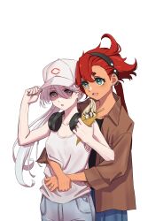 2girls adjusting_clothes adjusting_headwear bare_arms baseball_cap black_hairband black_shirt blue_eyes blue_pants brown_shirt commentary_request crepe dark-skinned_female dark_skin denim earrings female_focus food grey_eyes gundam gundam_suisei_no_majo hairband hat headphones headphones_around_neck highres holding holding_crepe holding_food hug hug_from_behind jeans jewelry killtenshi long_hair miorine_rembran multiple_girls open_mouth pants parted_lips ponytail red_hair ring shirt simple_background smile stud_earrings suletta_mercury tank_top thick_eyebrows wedding_ring white_background white_hair white_hat white_tank_top wife_and_wife yuri