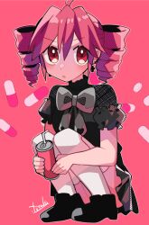 1girl :o ahoge alternate_costume black_dress black_footwear boots bow bowtie can double-parted_bangs dress drill_hair drinking_straw hair_between_eyes holding holding_can huge_bowtie kasane_teto open_mouth pill pleated_dress red_background red_eyes shoes solo squatting twin_drills utau yuusuke-kun