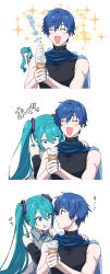 1boy 1girl aqua_eyes aqua_hair aqua_nails aqua_necktie blue_eyes blue_hair blue_nails blue_scarf blush collared_shirt commentary food food_bite food_theft from_side grey_shirt hair_between_eyes hand_on_another&#039;s_shoulder happy hatsune_miku highres holding holding_food holding_ice_cream ice_cream kaito_(vocaloid) kaito_(vocaloid3) licking_lips long_hair looking_at_viewer necktie open_mouth scarf sentea shirt short_hair simple_background skirt sleeveless sleeveless_shirt smile sparkle sparkling_aura tongue tongue_out translation_request twintails upper_body v very_long_hair vocaloid white_background