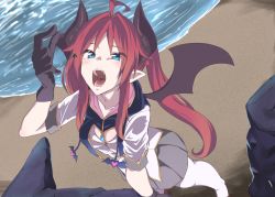1girl 1other absurdres ahoge bad_id bad_twitter_id beach blue_eyes blush demon_girl demon_horns demon_wings giant giantess gloves highres horns niwaka_potato open_mouth original red_hair size_difference teeth tongue twintails uvula vore water wings
