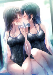 2girls absurdres bare_shoulders black_hair black_one-piece_swimsuit blush breasts brown_hair cleavage closed_eyes commentary_request covered_navel highres kiss long_hair medium_breasts multiple_girls navel one-piece_swimsuit original school_swimsuit swimsuit touki_matsuri wet yuri