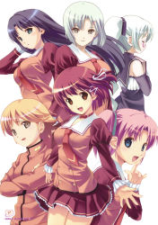 6+girls absurdres arai_ruka ars_magna black_hair blonde_hair blue_eyes book brown_eyes closed_eyes collar crossed_arms enjouji_alex_yukihiro everyone fang finger_to_mouth glasses green_eyes grey_eyes hair_ornament hair_ribbon hairclip highres ichijou_anzu koutaro kurono_miko long_hair minezaki_sakura mizusawa_noel multiple_girls necktie outstretched_arms pink_hair red_hair ribbon scan school_uniform short_hair skirt smile spread_arms twintails white_hair
