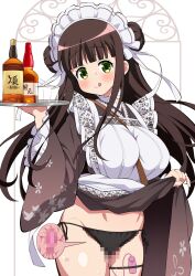 1girl apron black_panties blush breasts brown_hair brown_kimono censored clothes_lift egg_vibrator floral_print gochuumon_wa_usagi_desu_ka? green_eyes hemonemo holding holding_tray japanese_clothes kimono kimono_lift large_breasts lifting_own_clothes long_hair long_sleeves looking_at_viewer maid_headdress mosaic_censoring object_insertion panties sex_toy smile solo thigh_strap tongue tongue_out tray ujimatsu_chiya underwear vaginal vaginal_object_insertion vibrator vibrator_under_clothes vibrator_under_panties white_apron wide_sleeves x-ray