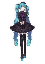 Rule 34 | 1girl, absurdres, black boots, black dress, black tiara, blue eyes, blue hair, blue nails, boots, dress, drill hair, full body, gothic lolita, hatsune miku, highres, lolita fashion, long hair, long sleeves, looking at viewer, nail polish, necktie, platform boots, purple necktie, shiloroshi, sidelocks, simple background, solo, straitjacket, thigh boots, thighhighs, tiara, twin drills, very long hair, vocaloid, white background, zettai ryouiki