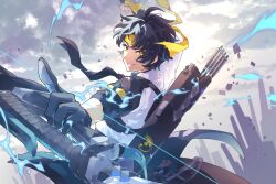 1boy arrow_(projectile) asaba_harumasa black_hair black_necktie bow_(weapon) floating_clothes gloves grey_gloves grin headband highres holding holding_bow_(weapon) holding_weapon looking_at_viewer male_focus necktie quiver shirt sleeves_rolled_up smile smirk solo weapon white_shirt yellow_eyes yellow_headband yuni_(unitary_580) zenless_zone_zero