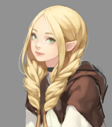 1girl blonde_hair braid choker closed_mouth dungeon_meshi elf eyelashes facing_viewer fasces_(jeson110) female_focus green_eyes grey_background hair_over_shoulder hood hood_down lips long_hair looking_at_viewer marcille_donato marushiru parted_bangs pointy_ears simple_background sketch smile solo twin_braids twintails upper_body