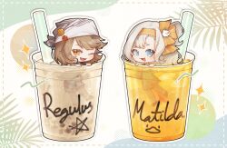 2girls :d ;d blue_eyes blue_shorts brown_hair bubble_tea character_name chibi circle cup disposable_cup dress drink drinking_straw fang green_dress grey_hair hairband headscarf in_container in_cup looking_at_viewer matilda_bouanich medium_hair multiple_girls official_alternate_costume one_eye_closed one_side_up open_mouth orange_eyes oversized_food oversized_object partially_submerged paxio44 plant regulus_(reverse:1999) reverse:1999 shirt short_hair shorts skin_fang sleeveless sleeveless_shirt smile sparkle white_background yellow_hairband