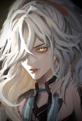 1boy androgynous collared_shirt commentary hair_over_one_eye hashtag-only_commentary highres honkai:_star_rail honkai_(series) jing_yuan long_hair looking_ahead male_focus one_eye_covered parted_bangs parted_lips portrait sanpaku shirt solo tassel teeth wavy_hair white_hair xo_5ss yellow_eyes