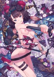 1girl :p bead_bracelet beads belt black_hair blue_eyes blush bracelet breasts dual_wielding fate/grand_order, fate_(series) floral_print flower goggles goggles_on_head hair_flower hair_ornament holding holding_sword holding_weapon jewelry katana katsushika_hokusai_(fate) katsushika_hokusai_(fate), katsushika_hokusai_(swimsuit_saber)_(fate) kuroboshi_kouhaku leg_belt licking_lips long_hair looking_at_viewer low_twintails medium_breasts multiple_swords navel nipples nude obi octopus purple_hair pussy sandals sash short_hair sidelocks small_breasts smile solo swimsuit sword thigh_strap tokitarou_(fate) tongue tongue_out twintails weapon