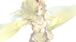 1girl aged_up breasts closed_mouth detached_sleeves earrings echo_(circa) final_fantasy final_fantasy_iv green_eyes green_hair green_leotard hair_ornament jewelry leotard long_hair looking_at_viewer rydia_(adult)_(ff4) rydia_(ff4) simple_background smile solo white_background wide_sleeves