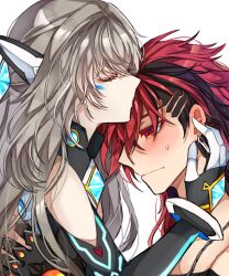 1boy 1girl black_bodysuit blue_gemstone blush bodysuit closed_eyes code:_sariel_(elsword) ear_blush elsword elsword_(character) eve_(elsword) gem gloves grey_hair hair_ornament highres immortal_(elsword) kiss kissing_head long_hair purimon red_eyes red_hair simple_background sweatdrop upper_body white_background white_gloves